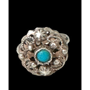 Antique Mexican Sterling Silver Filigree Flower Ring Turquoise Stone Sz 7.75